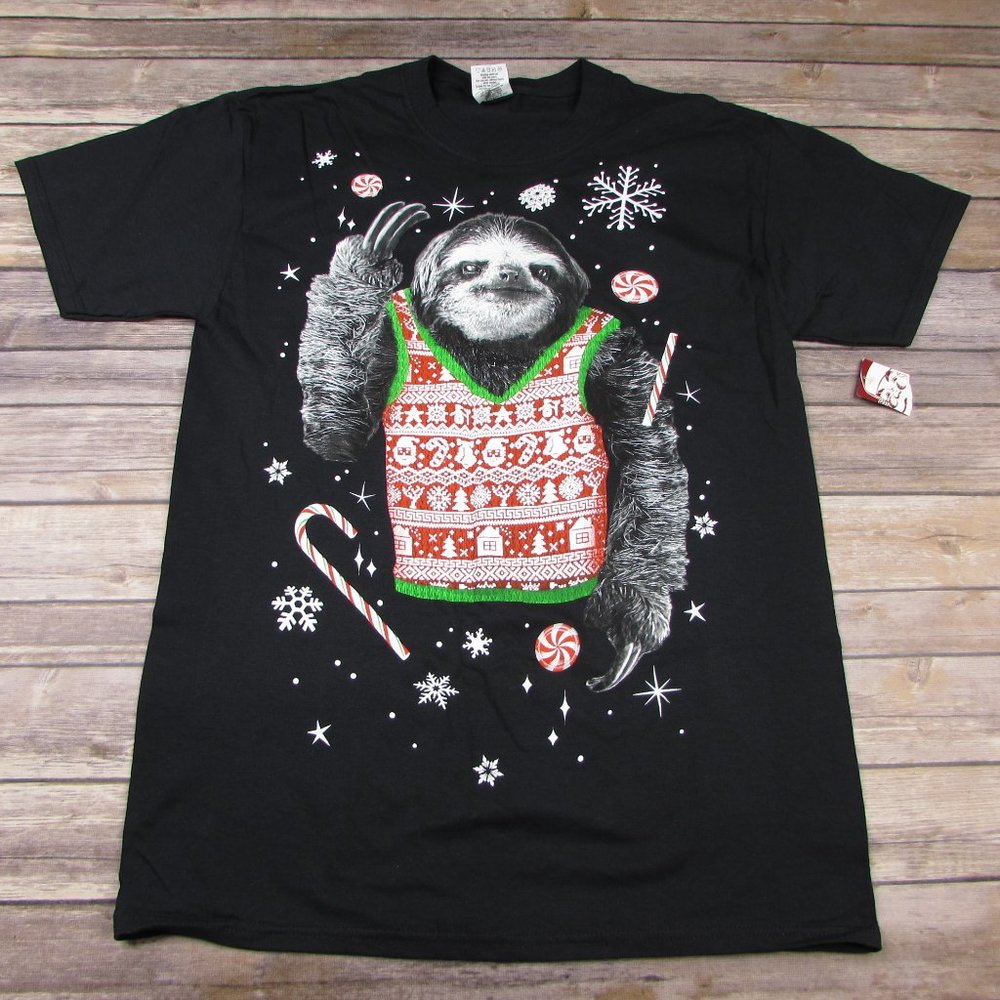 Dec 25th Sloth Ugly Christmas Sweater Black T Shirt Size M